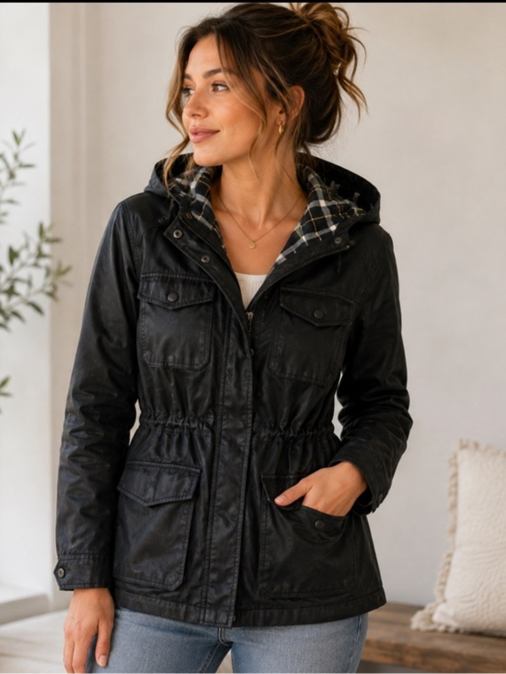 Madewell Black Waxed Hooded Utility Field Jacket Coat Size M